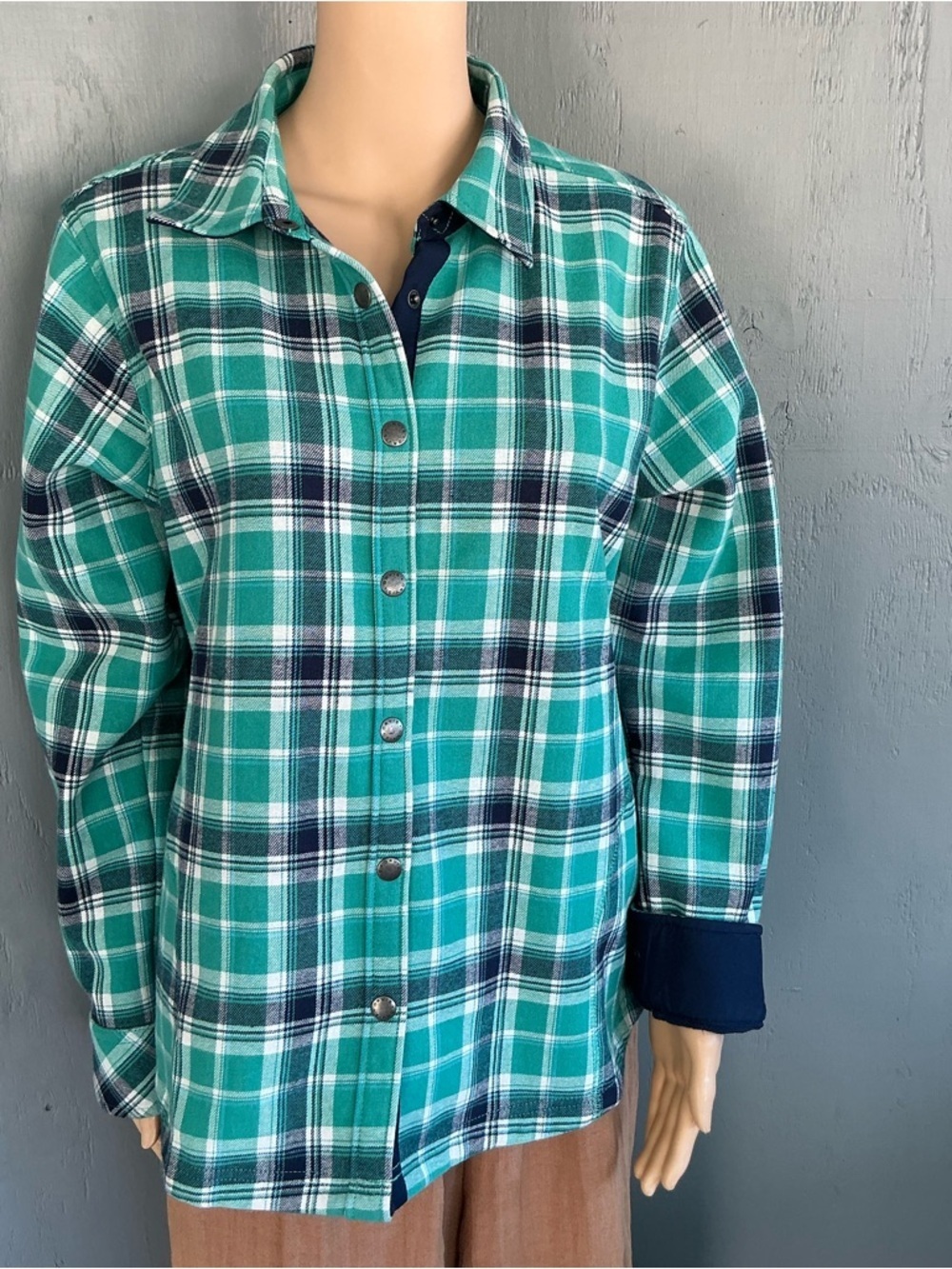 Orvis Women’s Fleece Lined Flannel Shirt lGreen Plaid Snap Button Pockets Size L